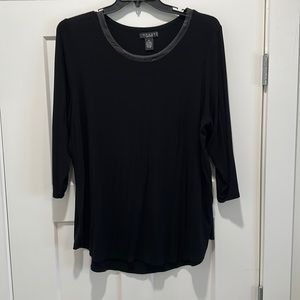 GRACE Black 3/4 sleeve top. Satin trim on neckline.